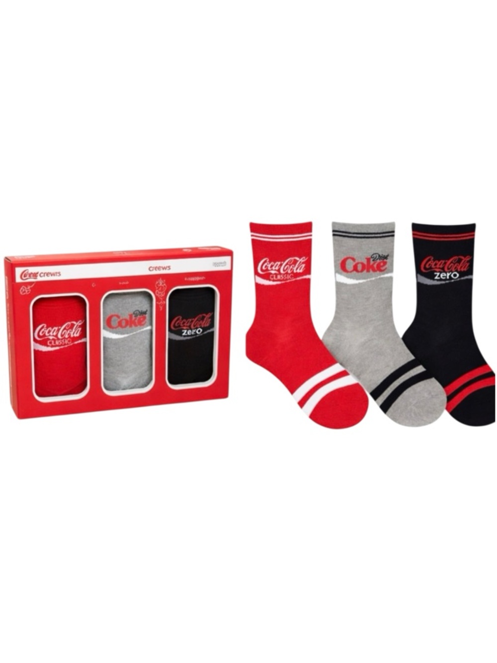COCA COLA Crew Socks 3 Pack Gift Box Classic Diet Coke Zero NWT Size 4 -10